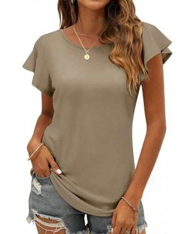 Women's Summer Casual Tops Ruffle Sleeve Blouse V Neck Solid Cute Tunic Shirt B-khaki $9.53 Tops