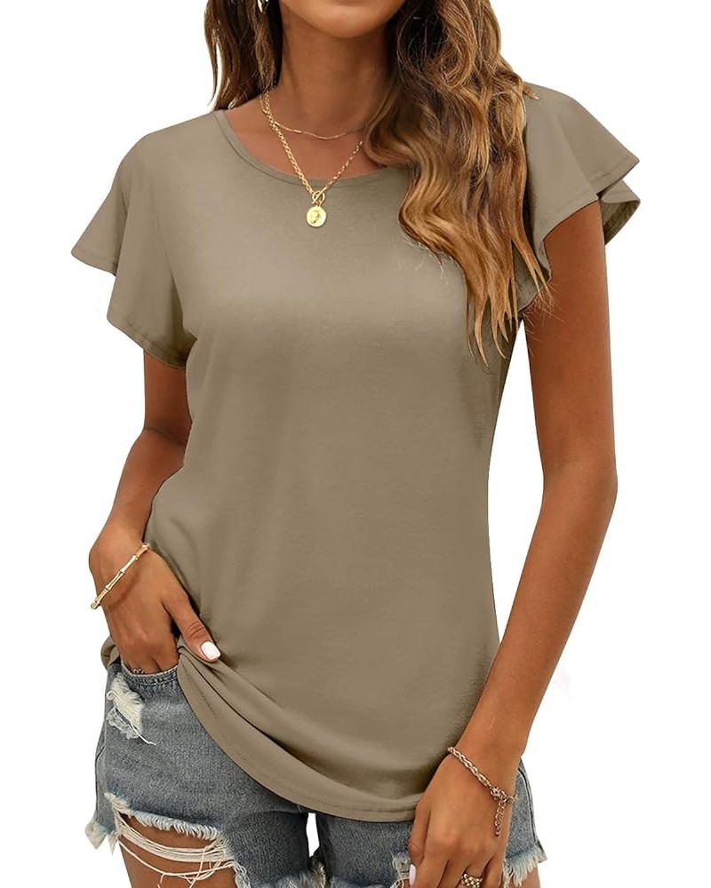 Women's Summer Casual Tops Ruffle Sleeve Blouse V Neck Solid Cute Tunic Shirt B-khaki $9.53 Tops