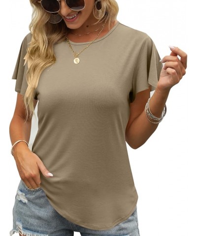 Women's Summer Casual Tops Ruffle Sleeve Blouse V Neck Solid Cute Tunic Shirt B-khaki $9.53 Tops