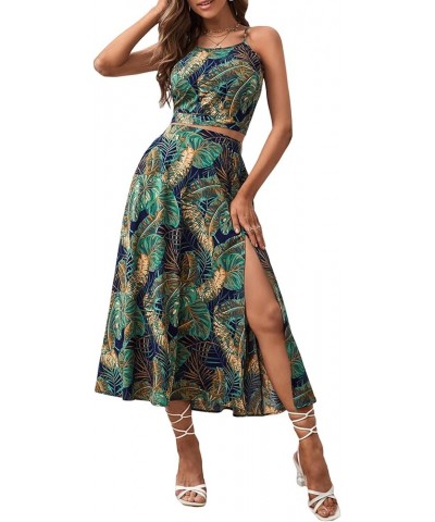 Women's 2 Piece Outfits Tropical Print Crop Cami Top and Split Thigh Long Skirt Set Multicolor $18.24 Suits