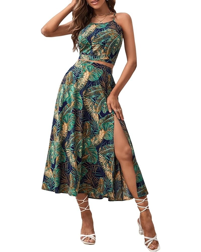 Women's 2 Piece Outfits Tropical Print Crop Cami Top and Split Thigh Long Skirt Set Multicolor $18.24 Suits