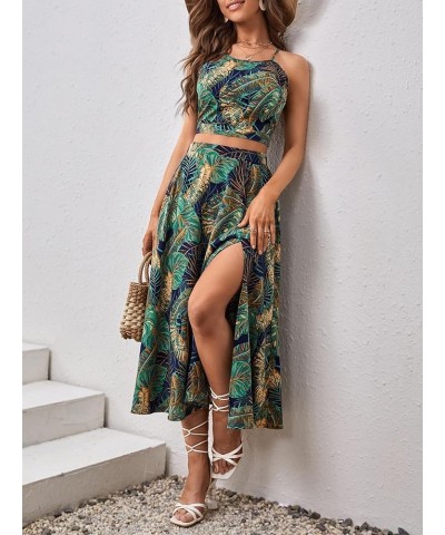 Women's 2 Piece Outfits Tropical Print Crop Cami Top and Split Thigh Long Skirt Set Multicolor $18.24 Suits