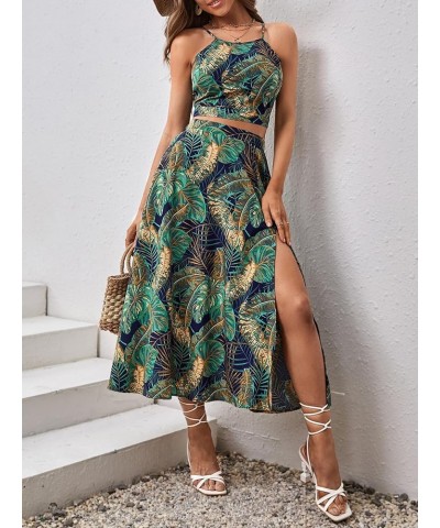 Women's 2 Piece Outfits Tropical Print Crop Cami Top and Split Thigh Long Skirt Set Multicolor $18.24 Suits