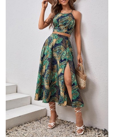 Women's 2 Piece Outfits Tropical Print Crop Cami Top and Split Thigh Long Skirt Set Multicolor $18.24 Suits