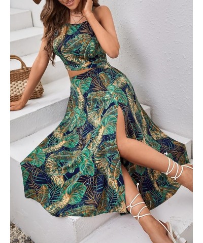 Women's 2 Piece Outfits Tropical Print Crop Cami Top and Split Thigh Long Skirt Set Multicolor $18.24 Suits