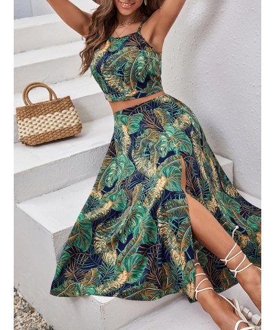 Women's 2 Piece Outfits Tropical Print Crop Cami Top and Split Thigh Long Skirt Set Multicolor $18.24 Suits