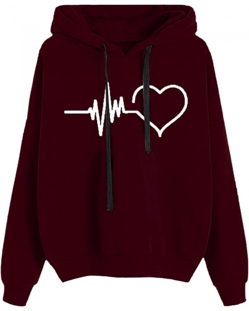 Love Heart Hooded Sweatshirt Women Cat Paw Kawaii Heart Printed Hoodie Graphic Solid Pullover Casual Tee Shirts Cute Wine-e $...