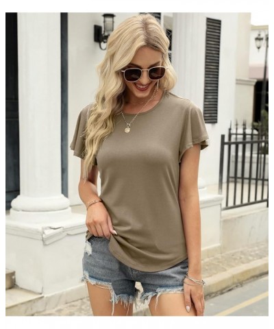 Women's Summer Casual Tops Ruffle Sleeve Blouse V Neck Solid Cute Tunic Shirt B-khaki $9.53 Tops