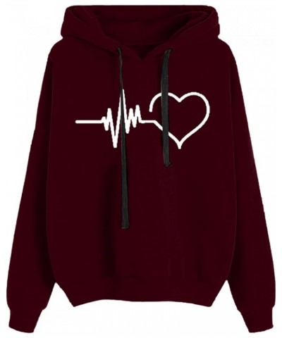 Love Heart Hooded Sweatshirt Women Cat Paw Kawaii Heart Printed Hoodie Graphic Solid Pullover Casual Tee Shirts Cute Wine-e $...