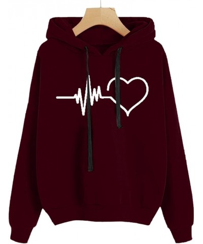 Love Heart Hooded Sweatshirt Women Cat Paw Kawaii Heart Printed Hoodie Graphic Solid Pullover Casual Tee Shirts Cute Wine-e $...