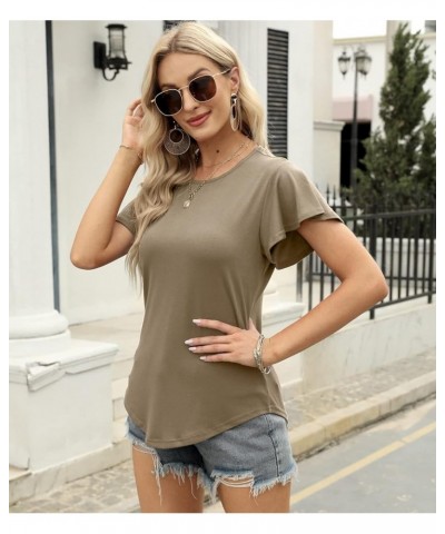 Women's Summer Casual Tops Ruffle Sleeve Blouse V Neck Solid Cute Tunic Shirt B-khaki $9.53 Tops