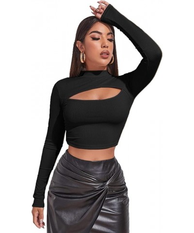 Women's Long Sleeve T Shirt Front Cut Out Basic Knit Mock Neck Crop Top Black $10.25 T-Shirts