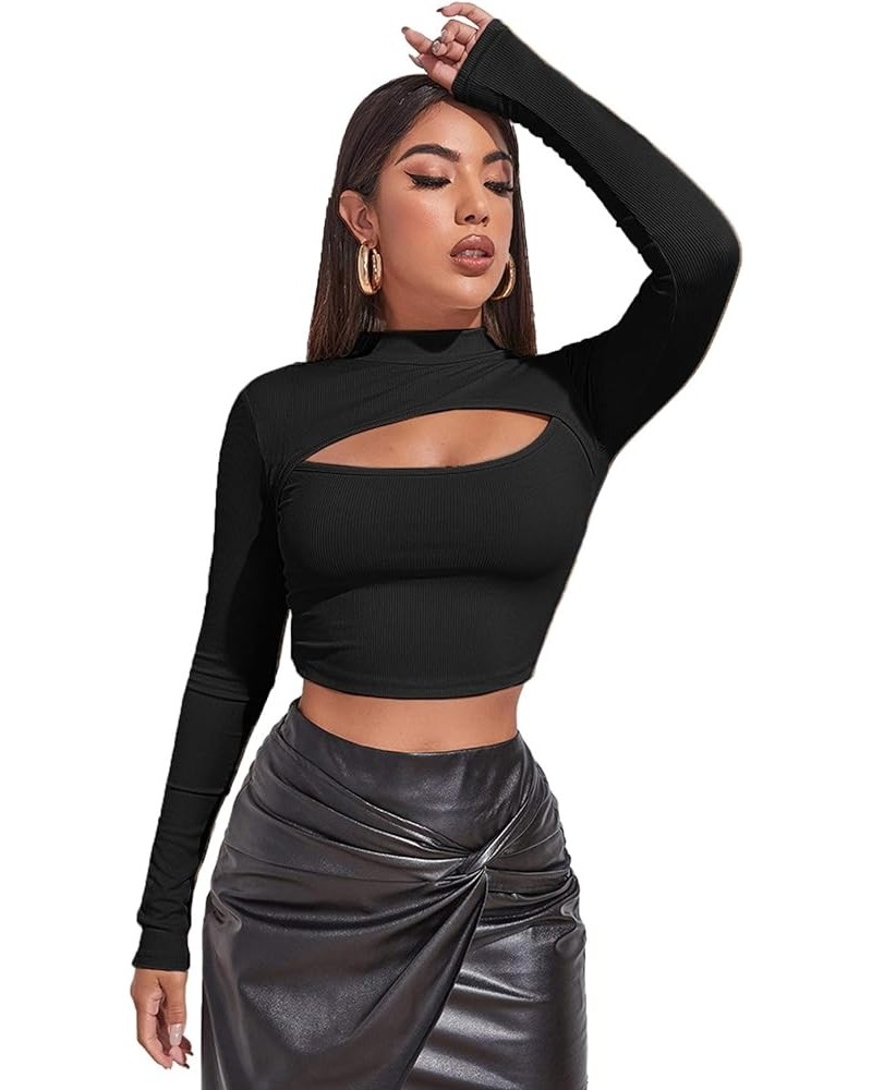 Women's Long Sleeve T Shirt Front Cut Out Basic Knit Mock Neck Crop Top Black $10.25 T-Shirts