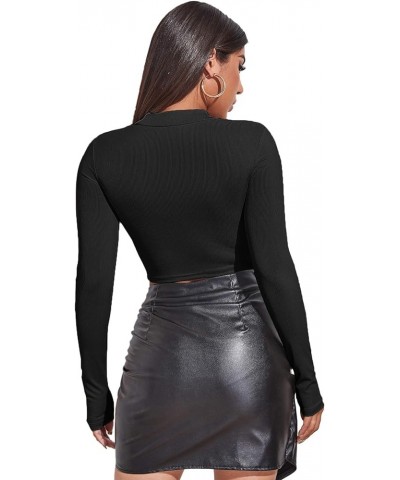 Women's Long Sleeve T Shirt Front Cut Out Basic Knit Mock Neck Crop Top Black $10.25 T-Shirts