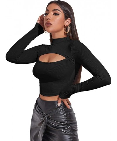 Women's Long Sleeve T Shirt Front Cut Out Basic Knit Mock Neck Crop Top Black $10.25 T-Shirts