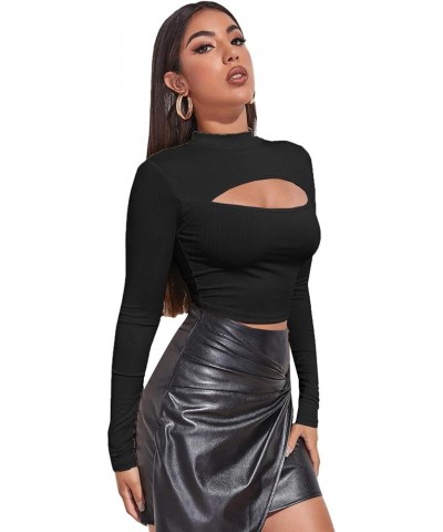 Women's Long Sleeve T Shirt Front Cut Out Basic Knit Mock Neck Crop Top Black $10.25 T-Shirts