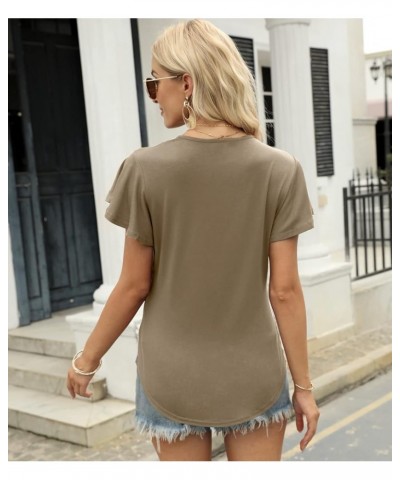 Women's Summer Casual Tops Ruffle Sleeve Blouse V Neck Solid Cute Tunic Shirt B-khaki $9.53 Tops