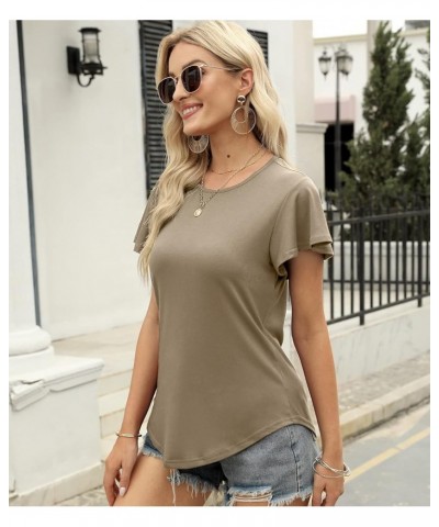 Women's Summer Casual Tops Ruffle Sleeve Blouse V Neck Solid Cute Tunic Shirt B-khaki $9.53 Tops