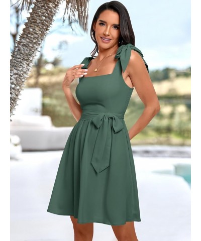 Women's Summer Tie Strap Mini Dress Square Neck Smocked Sleeveless A Line Swing Elegant Cute Short Dresses Green $20.27 Dresses