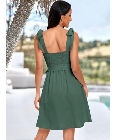 Women's Summer Tie Strap Mini Dress Square Neck Smocked Sleeveless A Line Swing Elegant Cute Short Dresses Green $20.27 Dresses