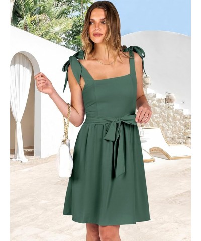 Women's Summer Tie Strap Mini Dress Square Neck Smocked Sleeveless A Line Swing Elegant Cute Short Dresses Green $20.27 Dresses