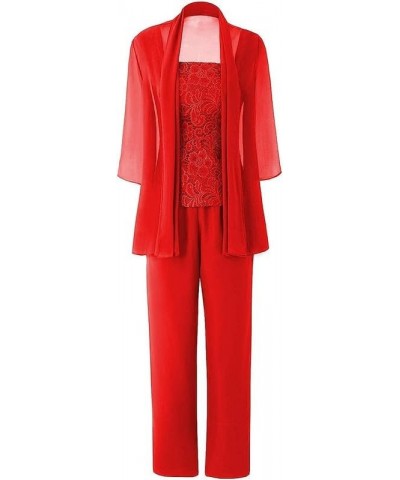 Mother of The Bride Pant Suits Chiffon Wedding Guest Pants Suits 3 Pieces Formal Outfit Set Red $33.20 Suits