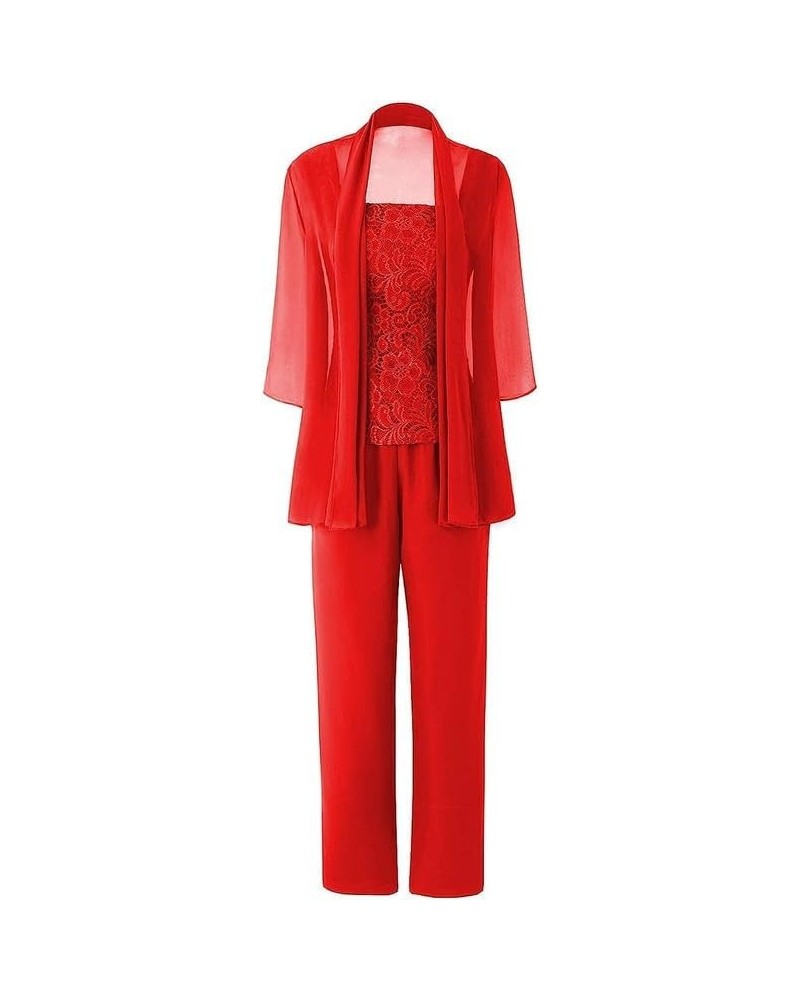 Mother of The Bride Pant Suits Chiffon Wedding Guest Pants Suits 3 Pieces Formal Outfit Set Red $33.20 Suits