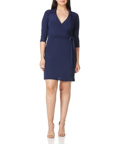 Women's Petite 3/4 Sleeve Faux Wrap Dress with Collar Navy $9.45 Dresses