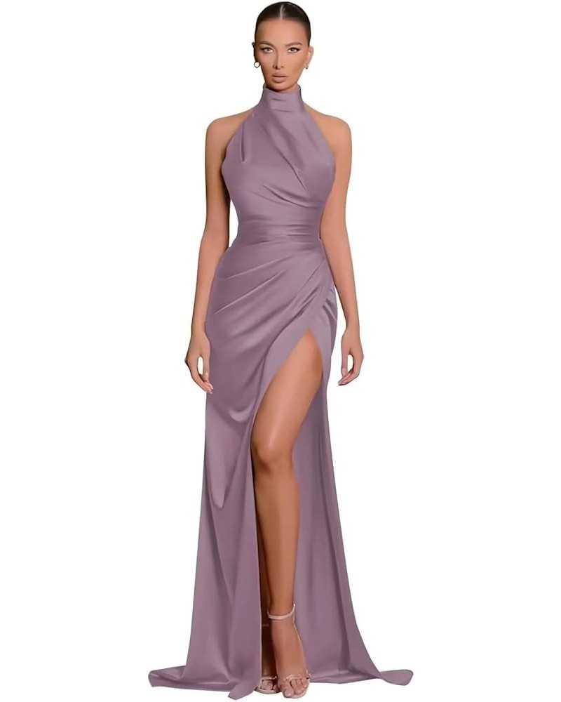 Halter Bridesmaid Dresses Long with Slit Satin Prom Dress Pleated Mermaid Evening Formal Ball Gown Wisteria $24.48 Dresses