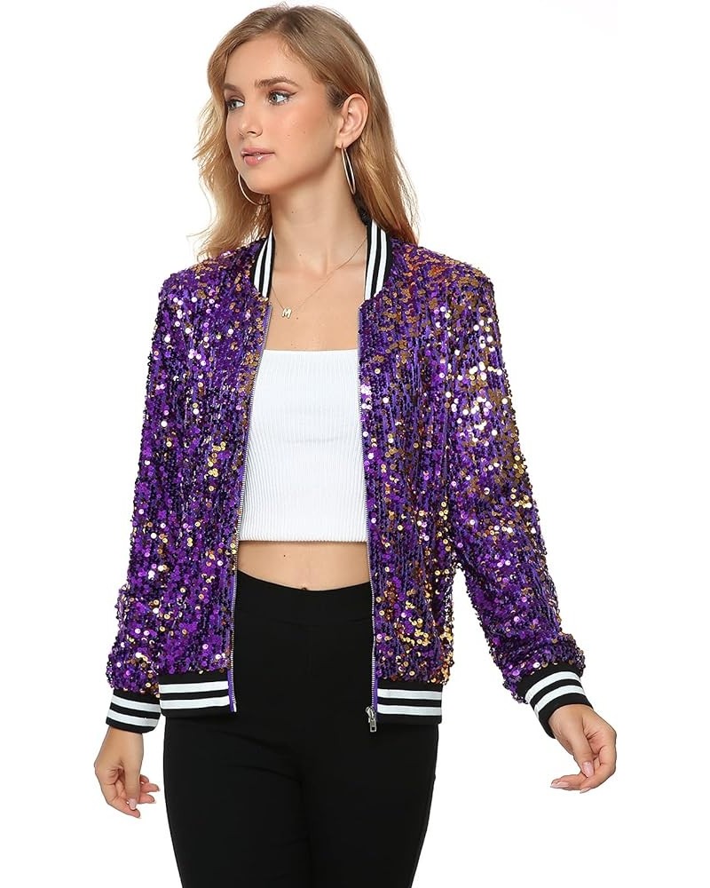 Women's Sequin Long Sleeve Front Zip Bomber Jacket with Ribbed Cuffs Purple and Gold $24.98 Jackets