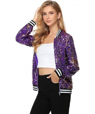 Women's Sequin Long Sleeve Front Zip Bomber Jacket with Ribbed Cuffs Purple and Gold $24.98 Jackets