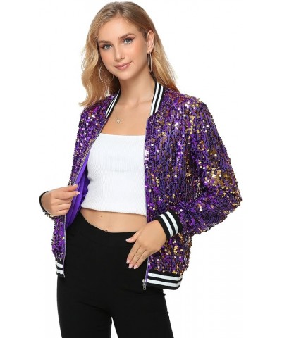 Women's Sequin Long Sleeve Front Zip Bomber Jacket with Ribbed Cuffs Purple and Gold $24.98 Jackets