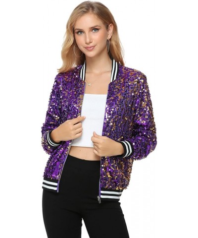 Women's Sequin Long Sleeve Front Zip Bomber Jacket with Ribbed Cuffs Purple and Gold $24.98 Jackets