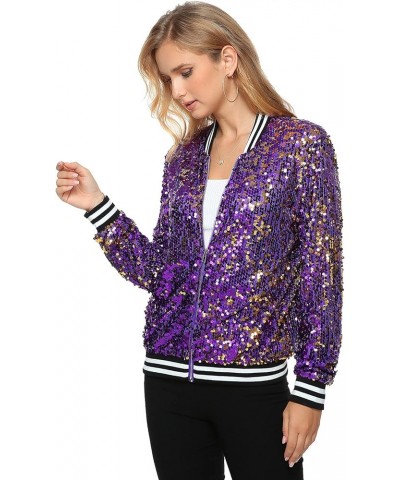 Women's Sequin Long Sleeve Front Zip Bomber Jacket with Ribbed Cuffs Purple and Gold $24.98 Jackets