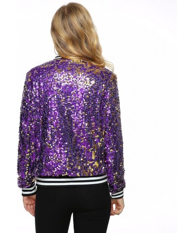 Women's Sequin Long Sleeve Front Zip Bomber Jacket with Ribbed Cuffs Purple and Gold $24.98 Jackets