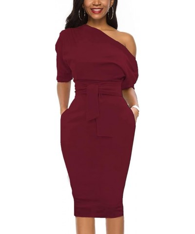 Elegant Womens Wear to Work Casual one Shoulder Belted Pencil Dress with Pockets Burgundy $25.52 Dresses