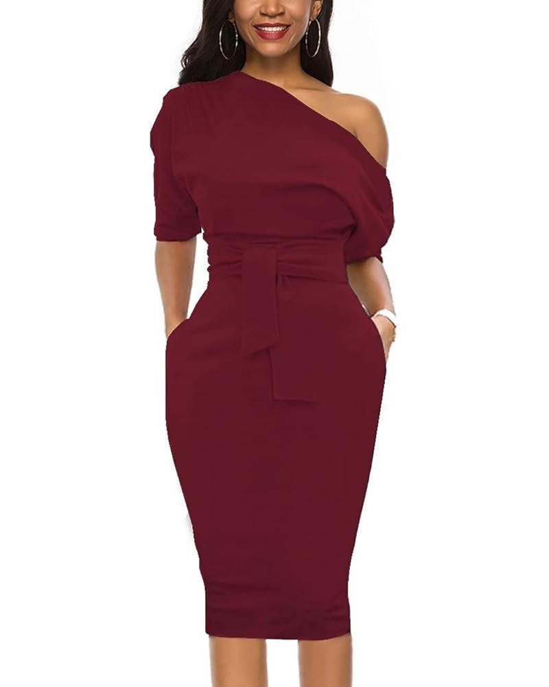 Elegant Womens Wear to Work Casual one Shoulder Belted Pencil Dress with Pockets Burgundy $25.52 Dresses