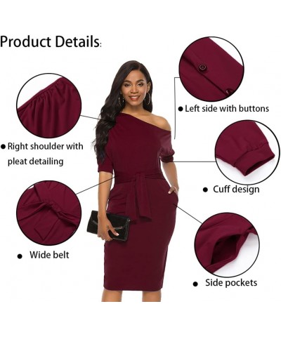 Elegant Womens Wear to Work Casual one Shoulder Belted Pencil Dress with Pockets Burgundy $25.52 Dresses