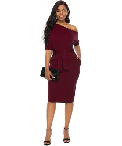 Elegant Womens Wear to Work Casual one Shoulder Belted Pencil Dress with Pockets Burgundy $25.52 Dresses