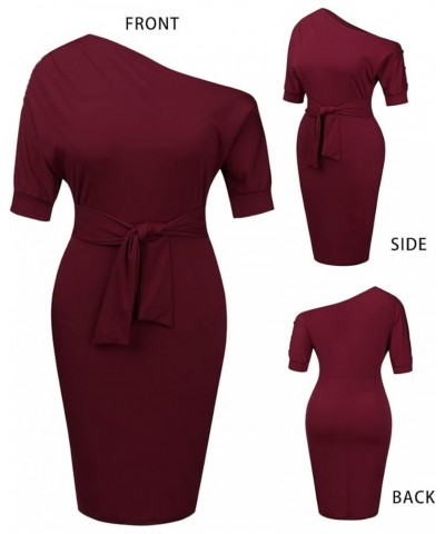 Elegant Womens Wear to Work Casual one Shoulder Belted Pencil Dress with Pockets Burgundy $25.52 Dresses