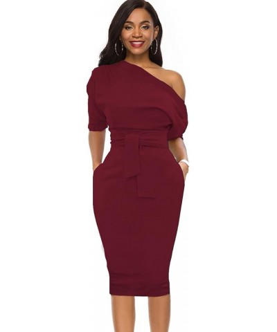 Elegant Womens Wear to Work Casual one Shoulder Belted Pencil Dress with Pockets Burgundy $25.52 Dresses