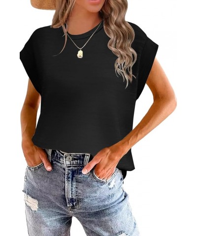 Womens Summer Cap Sleeve Tops Trendy 2024 Short Sleeve Shirts Fashion Cute Print Loose Fit Tee Shirts Blouses A Pure Black $1...