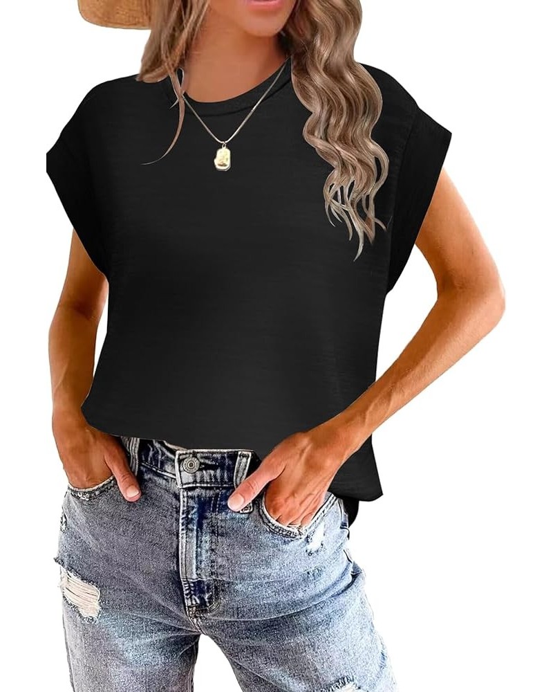 Womens Summer Cap Sleeve Tops Trendy 2024 Short Sleeve Shirts Fashion Cute Print Loose Fit Tee Shirts Blouses A Pure Black $1...