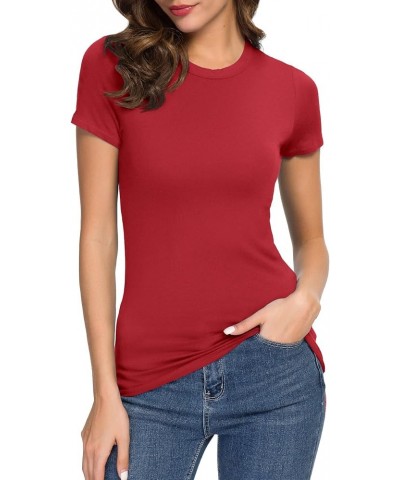 Women's Crewneck Slim Fitted Short Sleeve T-Shirt Stretchy Bodycon Basic Tee Tops Red $12.43 T-Shirts