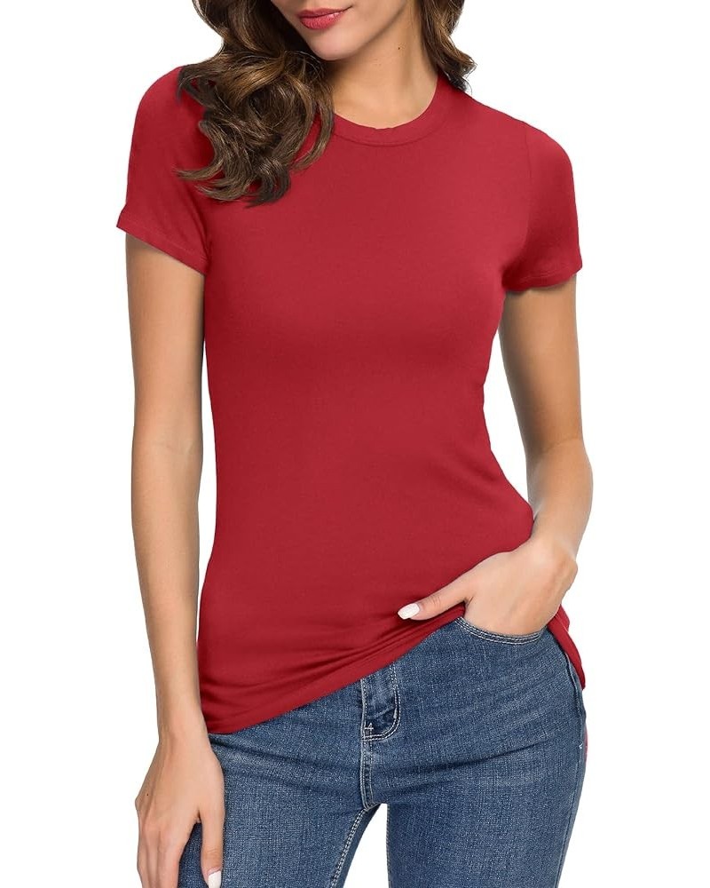 Women's Crewneck Slim Fitted Short Sleeve T-Shirt Stretchy Bodycon Basic Tee Tops Red $12.43 T-Shirts