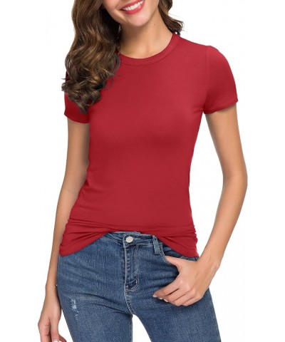 Women's Crewneck Slim Fitted Short Sleeve T-Shirt Stretchy Bodycon Basic Tee Tops Red $12.43 T-Shirts