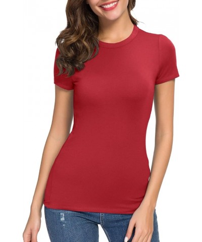 Women's Crewneck Slim Fitted Short Sleeve T-Shirt Stretchy Bodycon Basic Tee Tops Red $12.43 T-Shirts