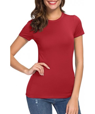 Women's Crewneck Slim Fitted Short Sleeve T-Shirt Stretchy Bodycon Basic Tee Tops Red $12.43 T-Shirts