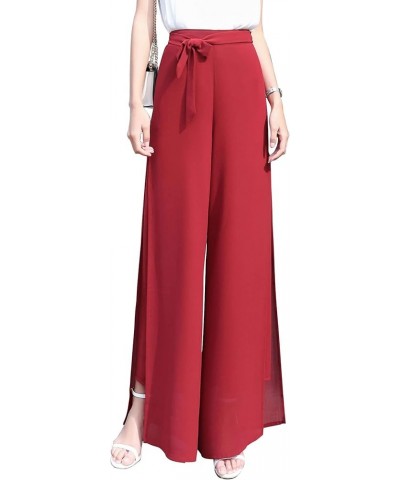 Womens Chiffon High Waist Palazzo Dressy Pants Flare Elastic Waist Culottes Trousers Pant Suits Self Tie Red Split $20.90 Pants