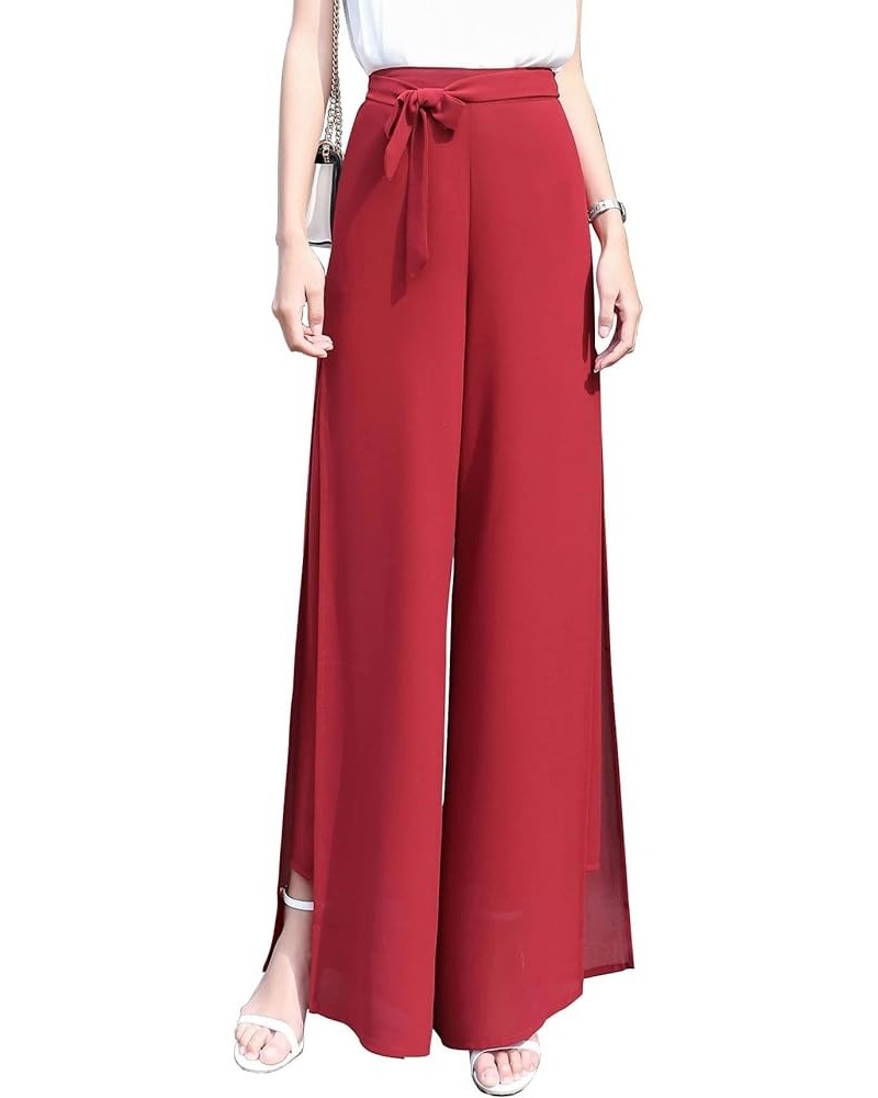 Womens Chiffon High Waist Palazzo Dressy Pants Flare Elastic Waist Culottes Trousers Pant Suits Self Tie Red Split $20.90 Pants